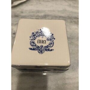 Patina Vie "Fierce" Trinket Box Blue Graphics on White